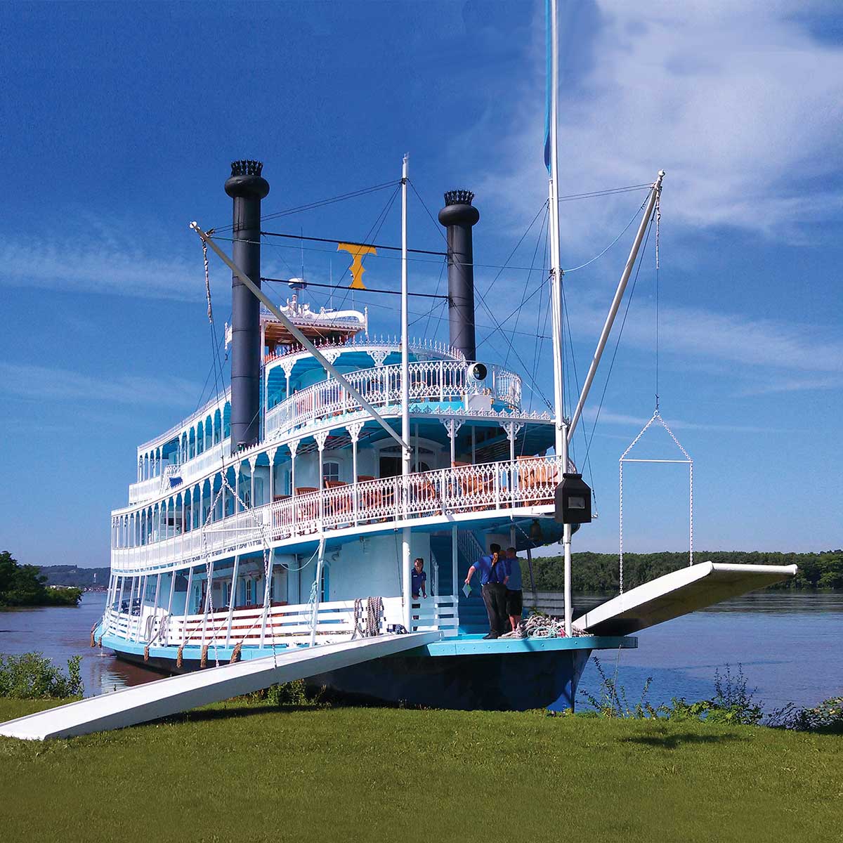 The Riverboat Twilight docked in the Mississippi River